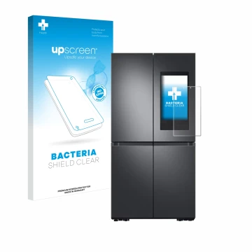 Face avant d’un emballage produit avec le logo de la marque upscreen. À côté, l’appareil Samsung Family Hub 21.5