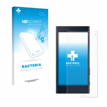 Face avant d’un emballage produit avec le logo de la marque upscreen. À côté, l’appareil Sony Xperia X Compact est représenté 