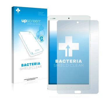 Face avant d’un emballage produit avec le logo de la marque upscreen. À côté, l’appareil Huawei MediaPad M3 8.4 est représenté