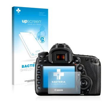 Face avant d’un emballage produit avec le logo de la marque upscreen. À côté, l’appareil Canon EOS 5D Mark IV est représenté a