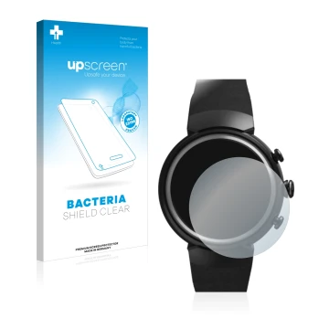Face avant d’un emballage produit avec le logo de la marque upscreen. À côté, l’appareil ASUS ZenWatch 3 1.39
