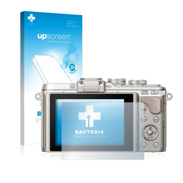 Face avant d’un emballage produit avec le logo de la marque upscreen. À côté, l’appareil Olympus PEN E-PL8 est représenté avec