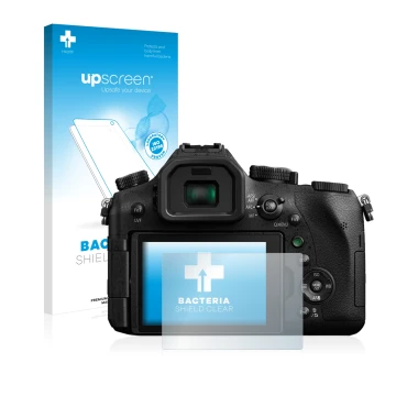 Face avant d’un emballage produit avec le logo de la marque upscreen. À côté, l’appareil Panasonic Lumix DMC-FZ2000 est représ
