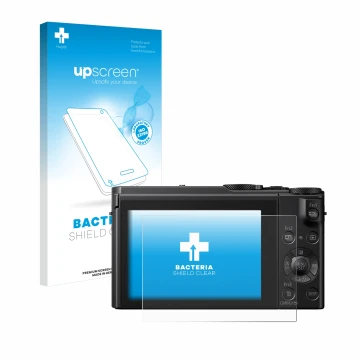 Face avant d’un emballage produit avec le logo de la marque upscreen. À côté, l’appareil Panasonic Lumix DMC-LX15 est représen