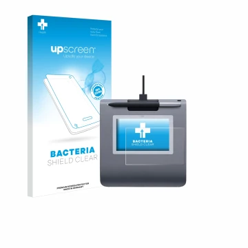 Face avant d’un emballage produit avec le logo de la marque upscreen. À côté, l’appareil Wacom STU-430 est représenté avec la 