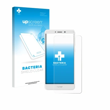 Face avant d’un emballage produit avec le logo de la marque upscreen. À côté, l’appareil Honor 6X est représenté avec la prote