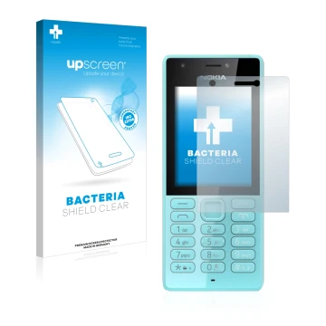 Face avant d’un emballage produit avec le logo de la marque upscreen. À côté, l’appareil Nokia 216 est représenté avec la prot