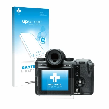 Face avant d’un emballage produit avec le logo de la marque upscreen. À côté, l’appareil Fujifilm GFX50S est représenté avec l