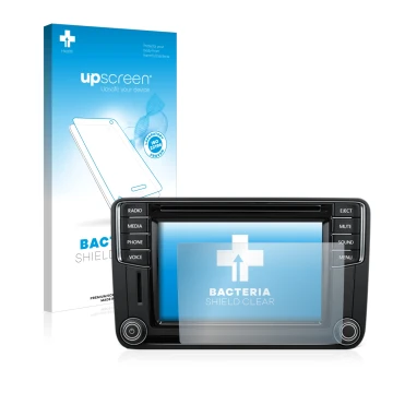 Face avant d’un emballage produit avec le logo de la marque upscreen. À côté, l’appareil Volkswagen T6 2015 Discover Media Plu