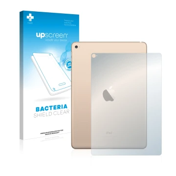 Face avant d’un emballage produit avec le logo de la marque upscreen. À côté, l’appareil Apple iPad Air 2 2014 (Arrière) est r