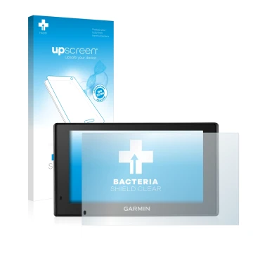 Face avant d’un emballage produit avec le logo de la marque upscreen. À côté, l’appareil Garmin DriveTrack 70LM est représenté