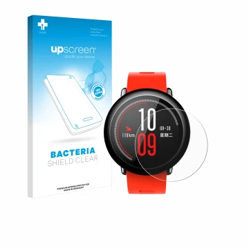 Face avant d’un emballage produit avec le logo de la marque upscreen. À côté, l’appareil Huami Amazfit Pace est représenté ave