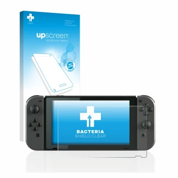 Face avant d’un emballage produit avec le logo de la marque upscreen. À côté, l’appareil Nintendo Switch est représenté avec l