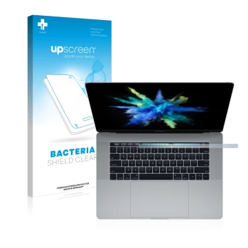 Face avant d’un emballage produit avec le logo de la marque upscreen. À côté, l’appareil Apple MacBook Pro 15