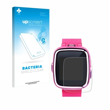 Face avant d’un emballage produit avec le logo de la marque upscreen. À côté, l’appareil Vtech Kidizoom Smart Watch 2 est repr