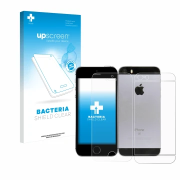 Face avant d’un emballage produit avec le logo de la marque upscreen. À côté, l’appareil Apple iPhone SE 2016 (Avant+Arrière) 