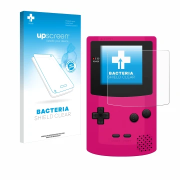 Face avant d’un emballage produit avec le logo de la marque upscreen. À côté, l’appareil Nintendo Gameboy Color est représenté