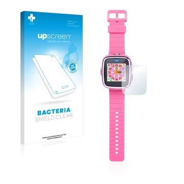 Face avant d’un emballage produit avec le logo de la marque upscreen. À côté, l’appareil Vtech Kidizoom Smart Watch DX est rep