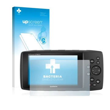 Face avant d’un emballage produit avec le logo de la marque upscreen. À côté, l’appareil Garmin 276Cx est représenté avec la p