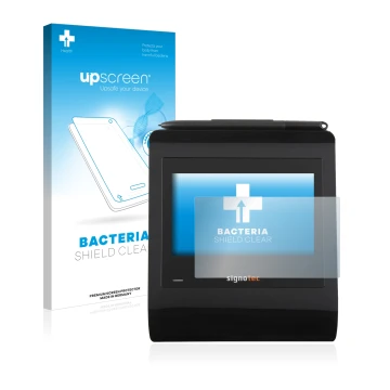 Face avant d’un emballage produit avec le logo de la marque upscreen. À côté, l’appareil Signotec Signature Pad Gamma est repr