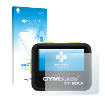 Face avant d’un emballage produit avec le logo de la marque upscreen. À côté, l’appareil Gymboss Minimax est représenté avec l