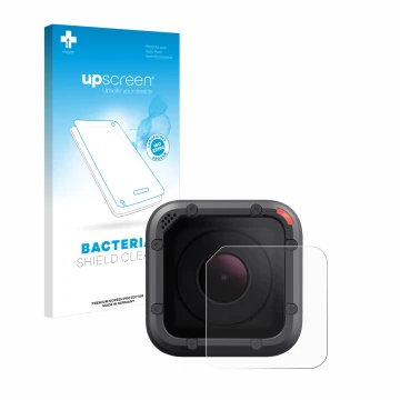 Face avant d’un emballage produit avec le logo de la marque upscreen. À côté, l’appareil GoPro Hero 5 Session Lentille (Caisse