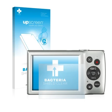 Face avant d’un emballage produit avec le logo de la marque upscreen. À côté, l’appareil Canon Digital Ixus 185 est représenté