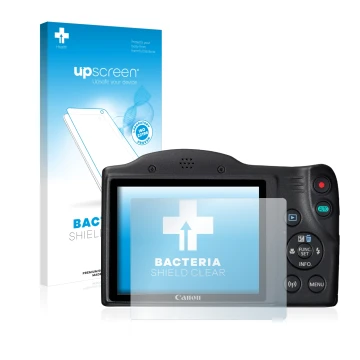Face avant d’un emballage produit avec le logo de la marque upscreen. À côté, l’appareil Canon PowerShot SX430 IS est représen