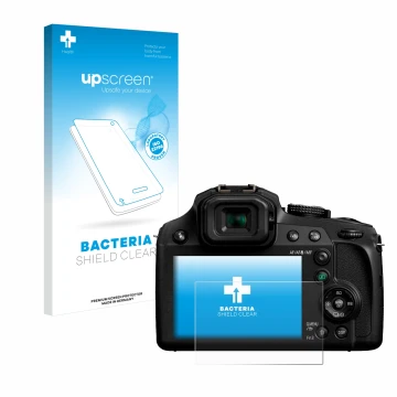 Face avant d’un emballage produit avec le logo de la marque upscreen. À côté, l’appareil Panasonic Lumix DC-FZ82 est représent