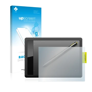 Face avant d’un emballage produit avec le logo de la marque upscreen. À côté, l’appareil Wacom One s CTL-471 est représenté av