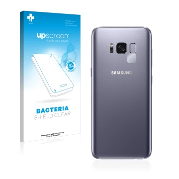 Face avant d’un emballage produit avec le logo de la marque upscreen. À côté, l’appareil Samsung Galaxy S8 (Caméra UNIQUEMENT)