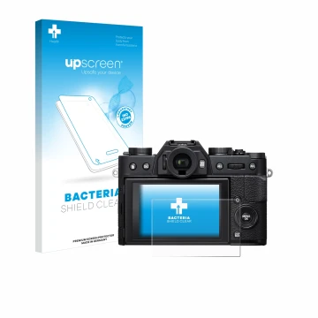 Face avant d’un emballage produit avec le logo de la marque upscreen. À côté, l’appareil Fujifilm X-T20 est représenté avec la