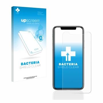 Face avant d’un emballage produit avec le logo de la marque upscreen. À côté, l’appareil Apple iPhone X est représenté avec la