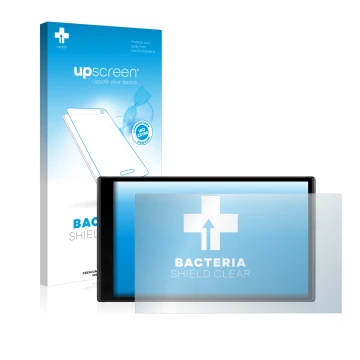 Face avant d’un emballage produit avec le logo de la marque upscreen. À côté, l’appareil Garmin DriveSmart 61 LMT-D est représ