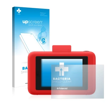 Face avant d’un emballage produit avec le logo de la marque upscreen. À côté, l’appareil Polaroid Snap Touch est représenté av