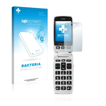 Face avant d’un emballage produit avec le logo de la marque upscreen. À côté, l’appareil Doro Primo 413 est représenté avec la