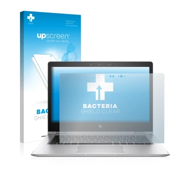 Face avant d’un emballage produit avec le logo de la marque upscreen. À côté, l’appareil HP EliteBook x360 1030 G2 est représe