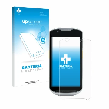 Face avant d’un emballage produit avec le logo de la marque upscreen. À côté, l’appareil Zebra TC56 est représenté avec la pro