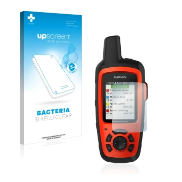 Face avant d’un emballage produit avec le logo de la marque upscreen. À côté, l’appareil Garmin inReach Explorer+ est représen