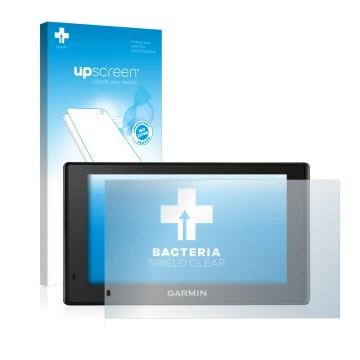 Face avant d’un emballage produit avec le logo de la marque upscreen. À côté, l’appareil Garmin DriveSmart 51 LMT-D est représ