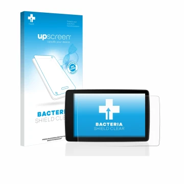 Face avant d’un emballage produit avec le logo de la marque upscreen. À côté, l’appareil BMW Motorrad Navigator VI est représe