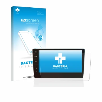 Face avant d’un emballage produit avec le logo de la marque upscreen. À côté, l’appareil Volkswagen Golf 7 Discover Pro 9.2