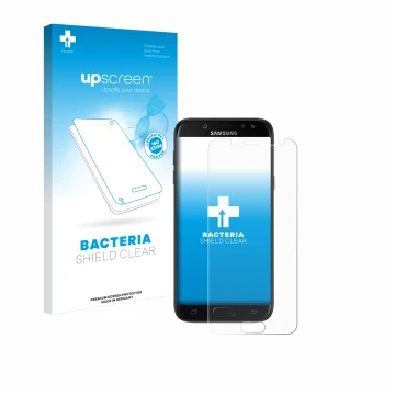 Face avant d’un emballage produit avec le logo de la marque upscreen. À côté, l’appareil Samsung Galaxy J5 2017 est représenté