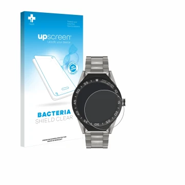 Face avant d’un emballage produit avec le logo de la marque upscreen. À côté, l’appareil TAG Heuer Connected Modular 45 est re