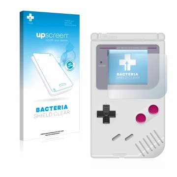 Face avant d’un emballage produit avec le logo de la marque upscreen. À côté, l’appareil Nintendo Gameboy (1989) est représent