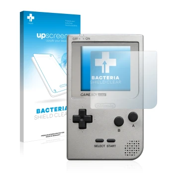 Face avant d’un emballage produit avec le logo de la marque upscreen. À côté, l’appareil Nintendo Gameboy Pocket est représent
