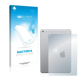 Face avant d’un emballage produit avec le logo de la marque upscreen. À côté, l’appareil Apple iPad 9.7
