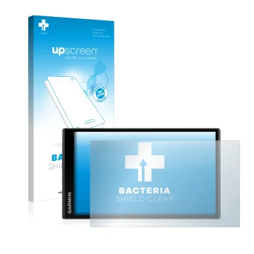 Face avant d’un emballage produit avec le logo de la marque upscreen. À côté, l’appareil Garmin Camper 770 LMT-D est représent