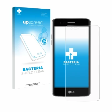 Face avant d’un emballage produit avec le logo de la marque upscreen. À côté, l’appareil LG K8 2017 est représenté avec la pro