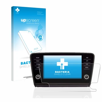 Face avant d’un emballage produit avec le logo de la marque upscreen. À côté, l’appareil Skoda Octavia 2017 Infotainment Syste